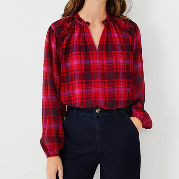 Ann Taylor Plaid Shirred Raglan Sleeve Top Size Small, Lined, Lightweight, EUC - Picture 1 of 10